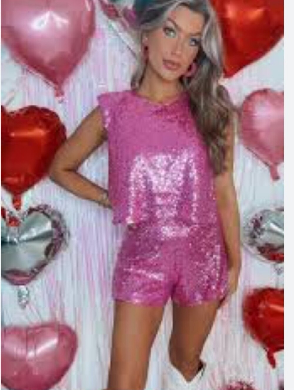 Nwt LOVE J PINK Sequin Sleeveless Pink 2 Piece Lounge Shorts Set Queen Sparkles